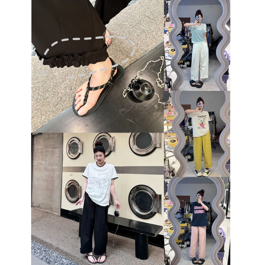 【街头漫步】裤脚花边阔腿全松紧高腰直筒裤百搭休闲