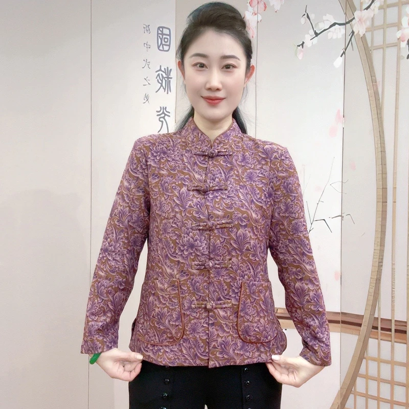 国风新中式厚款开衫中老年女装立领长袖小衫外套