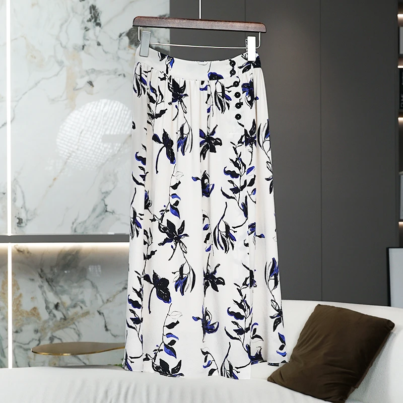 鬼绉印花真丝半裙2025春季新款半身裙气质百搭裙子女