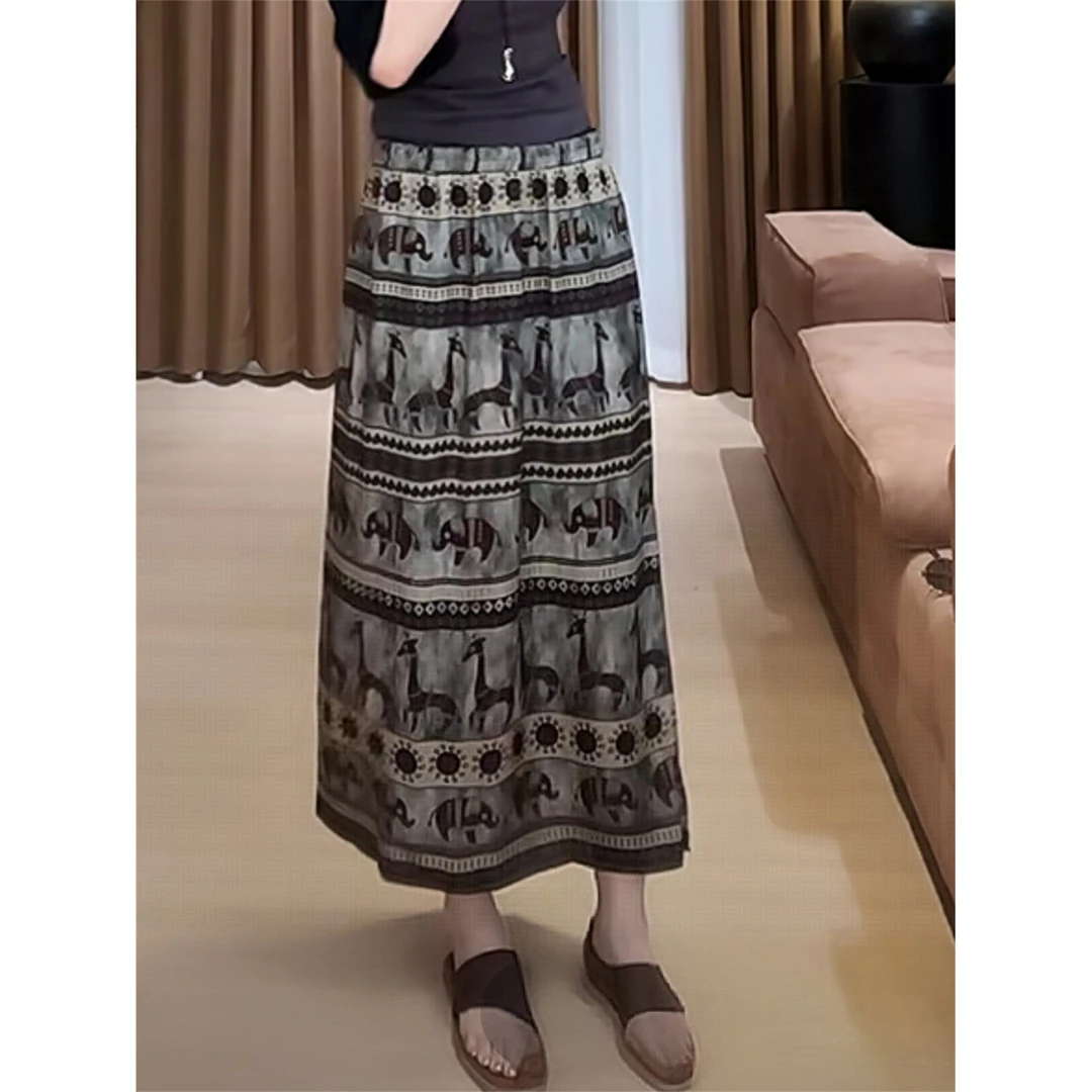 夏小众极简原创设计感百搭显瘦小象半身裙女松紧腰中长款开叉裙子