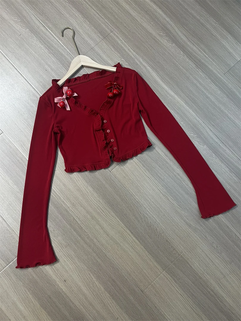 越韩小鱼cherry小樱桃红色开衫