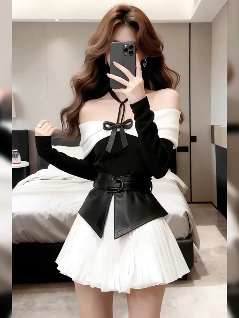 小香风气质辣妹蝴蝶结挂脖修身上衣拼接连衣裙配腰封加腰带三件套