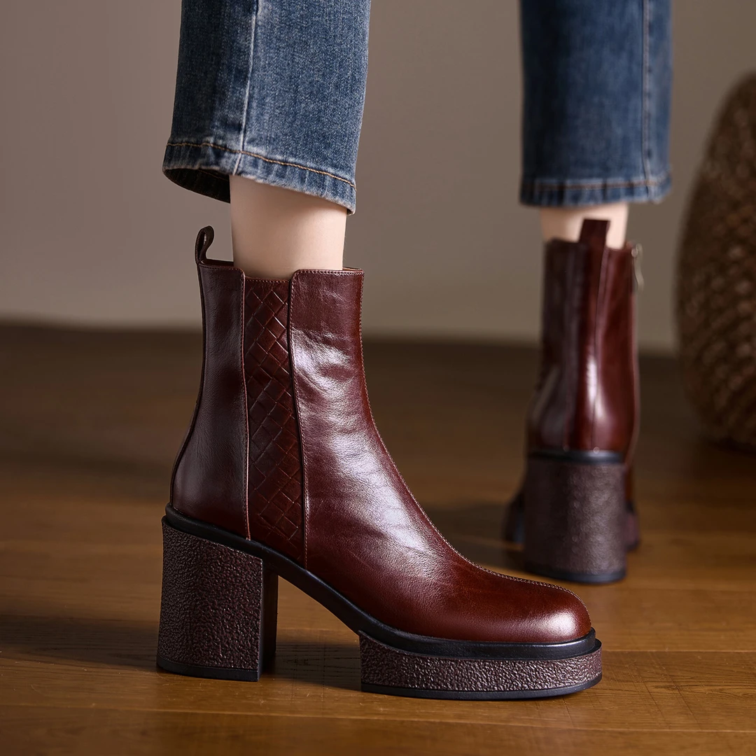 2025秋冬新款9cm粗跟短筒单靴小个子防水台高跟短靴真皮马丁靴女