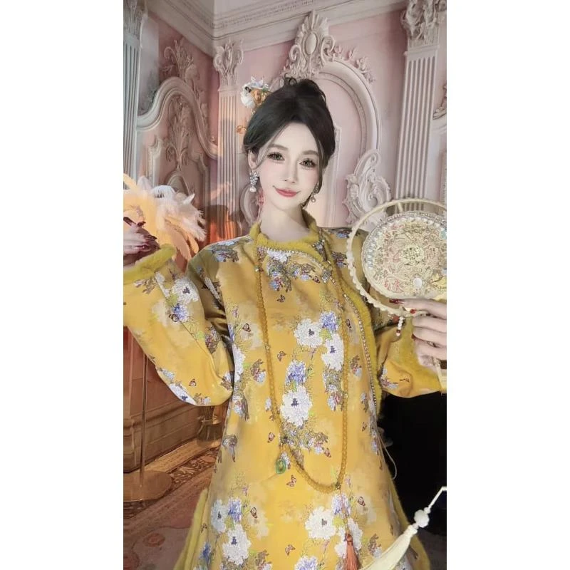 【崔】小醒狮 L0012中国风秋冬毛领斜门襟长袖碎花棉袄冬季唐装棉服