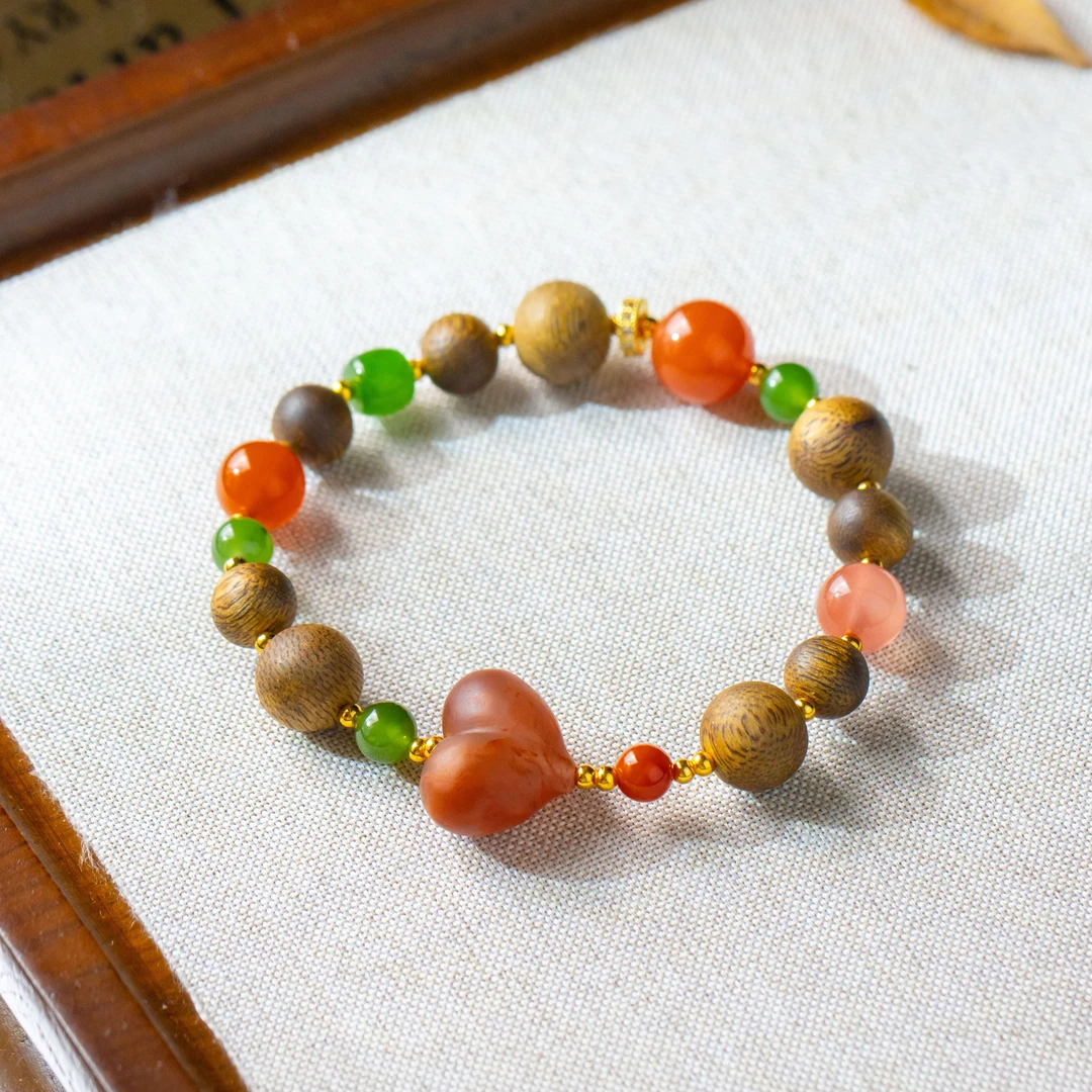 南红玛瑙爱心屁桃手工diy设计款百搭单圈手串