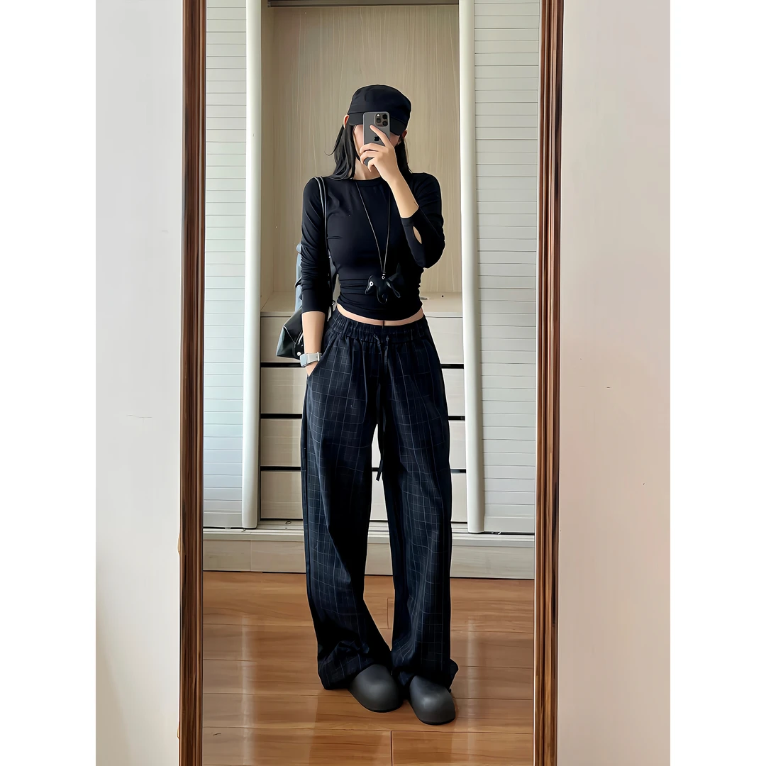 ESEWRD美式辣妹格纹抽绳设计感休闲裤宽松直筒老钱风vibe百搭长裤