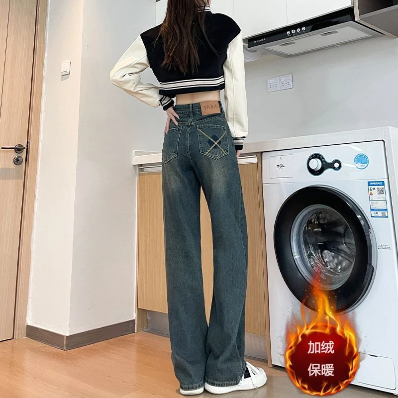 阔腿裤加绒秋冬新款韩版高腰窄版阔腿长裤小个子宽松显瘦直筒裤牛