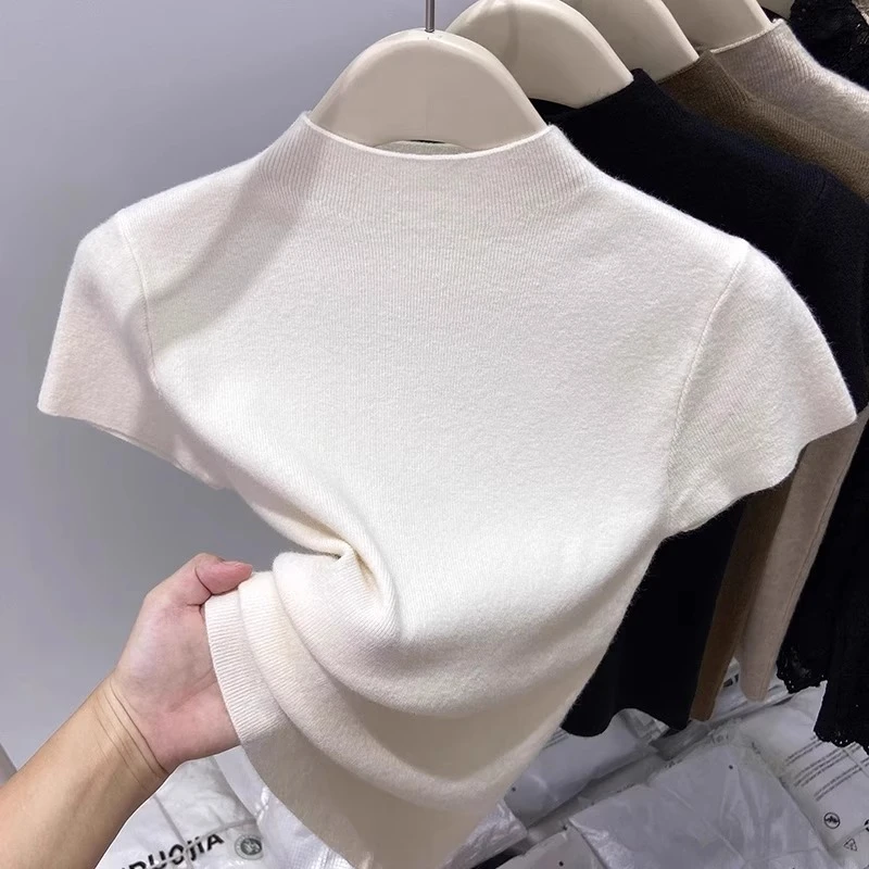 2025夏季新款半高领短袖薄款针织T恤女内搭气质显瘦小飞袖上衣