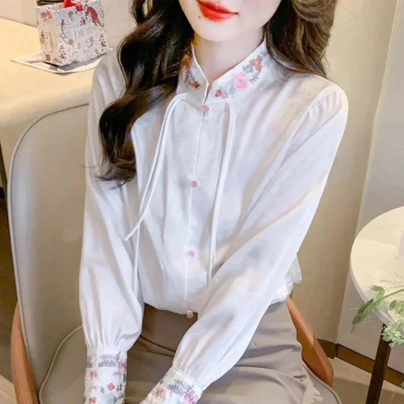 衬衫女长袖春秋新款中式绣花减龄百搭舒适复古中国风上衣