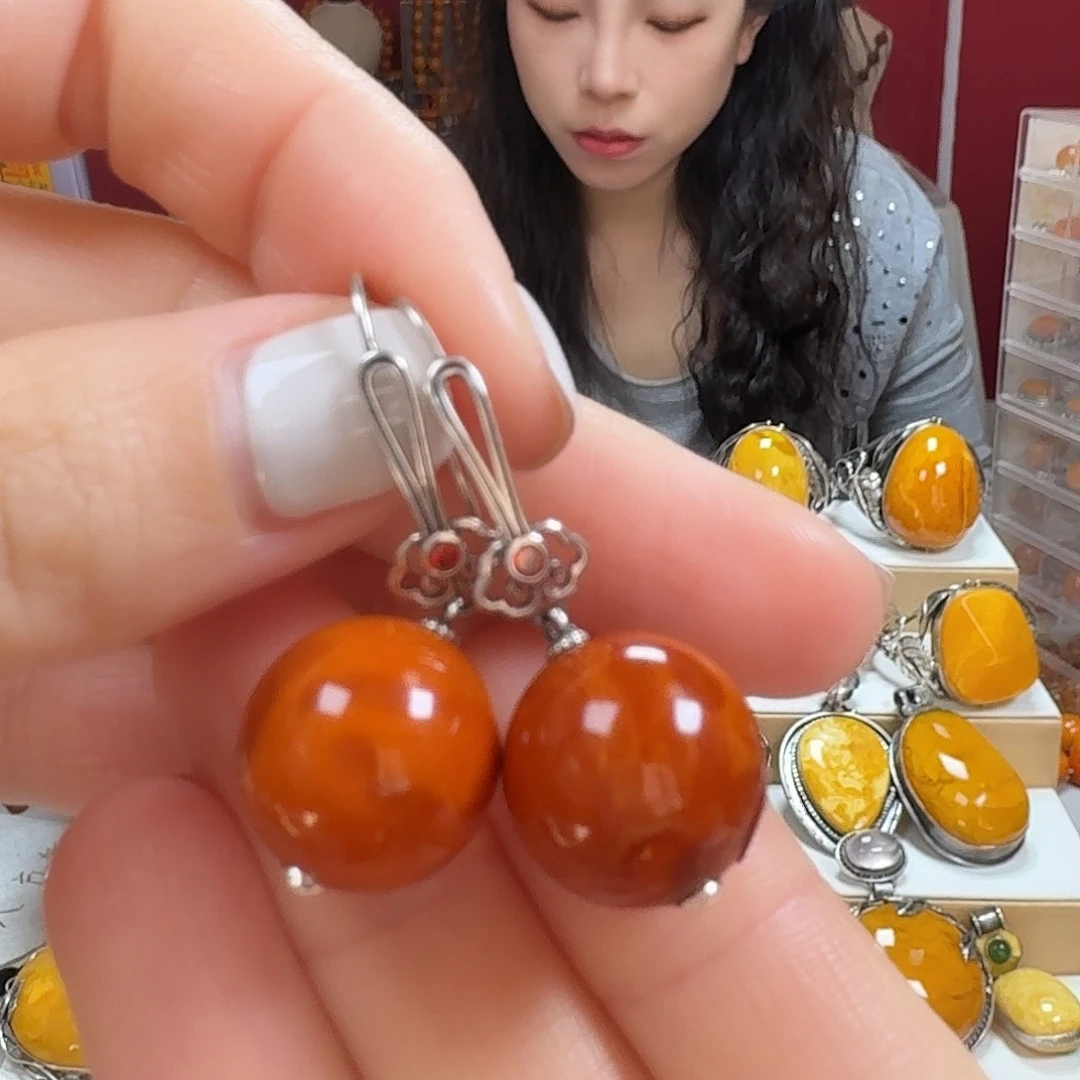 蜜蜡银S925镶嵌耳饰耳坠