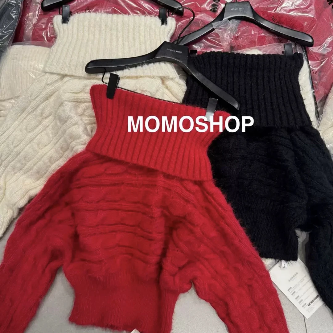 雯雯家 2025冬季新款翻领一字肩麻花针织上衣