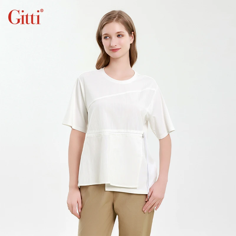 Gitti/吉蒂2025夏季新款前幅拼接宽松圆领大码T恤女G251387