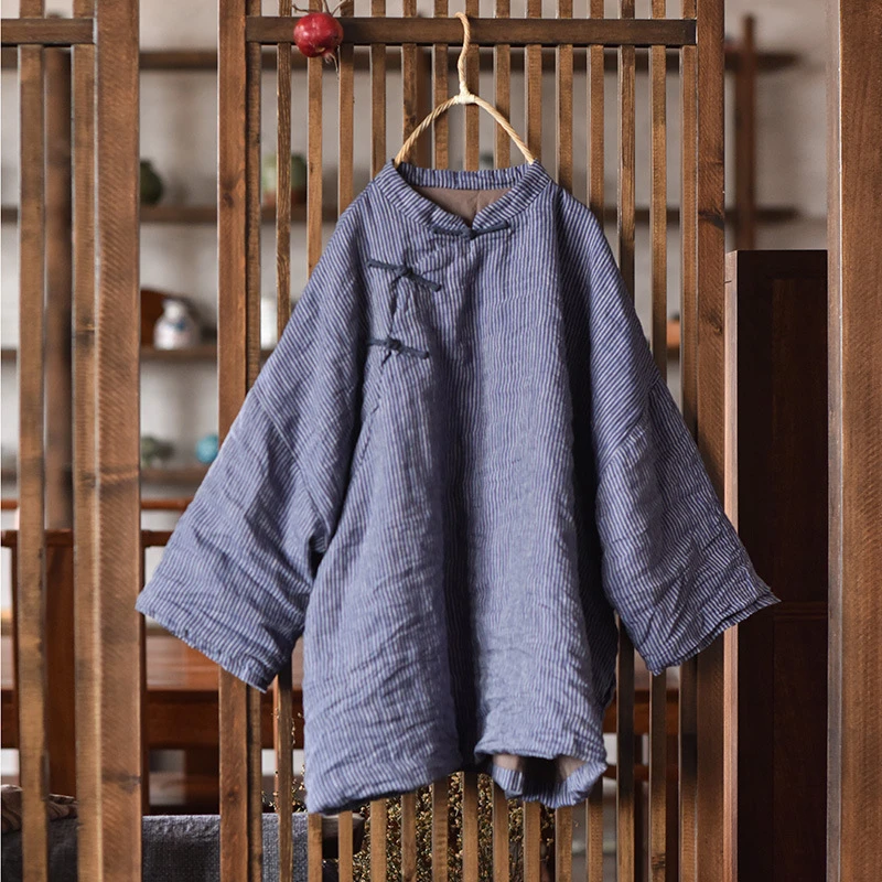 51217 中长款砂洗色织亚麻秋冬款棉衣 文艺复古夹棉保暖条纹棉服