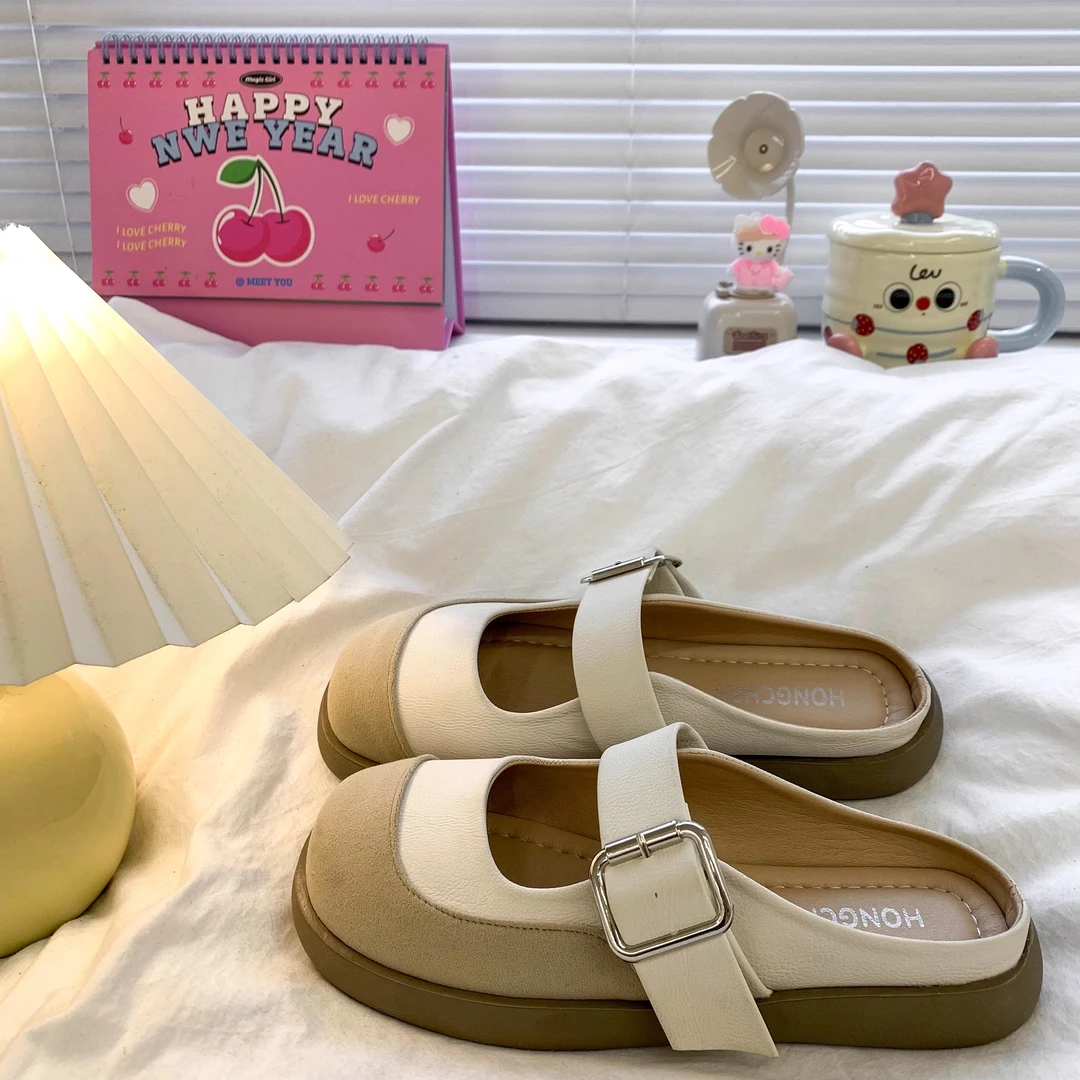 【万象撤柜】拼色包头玛丽珍半拖鞋女夏外穿2025新款配裙子勃肯凉拖
