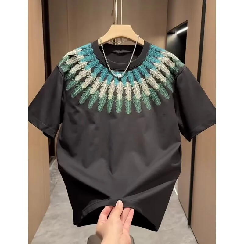 【高品质】纯棉t轻奢潮流刺绣短袖男士宽松设计感休闲半袖T恤上衣