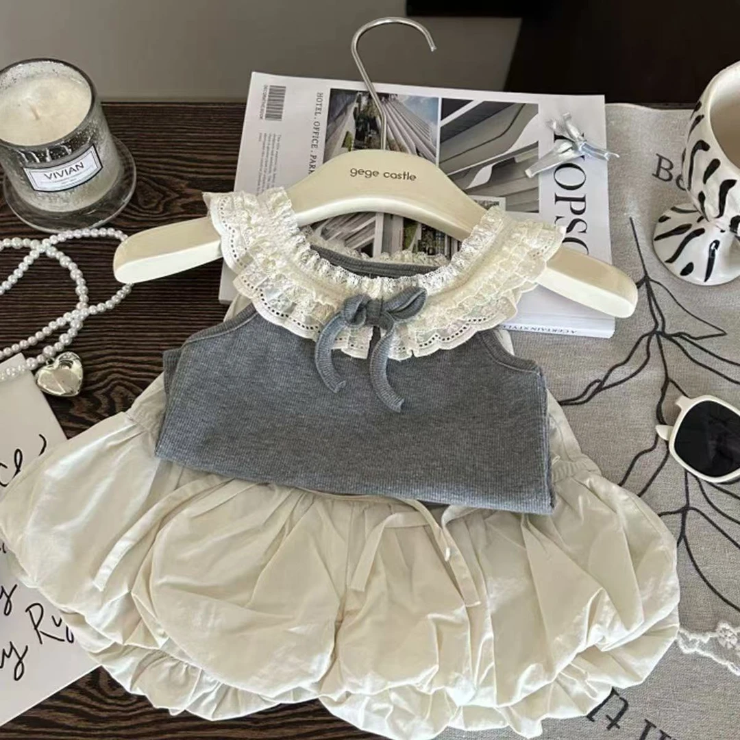 女.童夏套装新款幼儿园女宝宝无袖背心超萌花苞短裤两件套500251