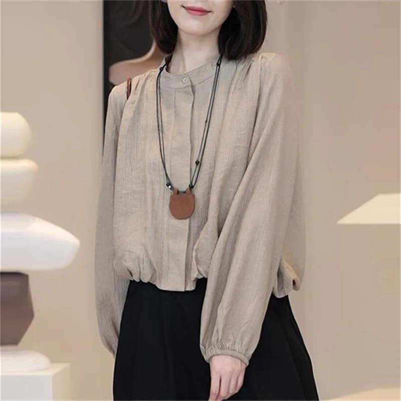 高级感气质纯色圆领衬衫女2025春季新款宽松显瘦今年流行韩系上衣