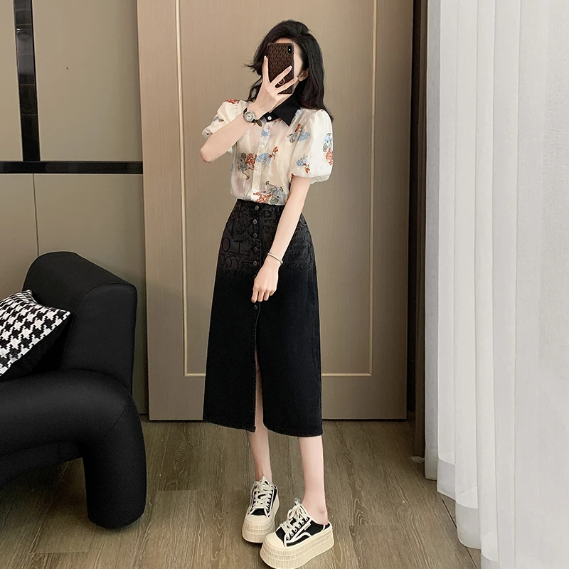 法式高级感polo领泡泡袖休闲百搭上衣开叉牛仔半身裙中长款包臀裙