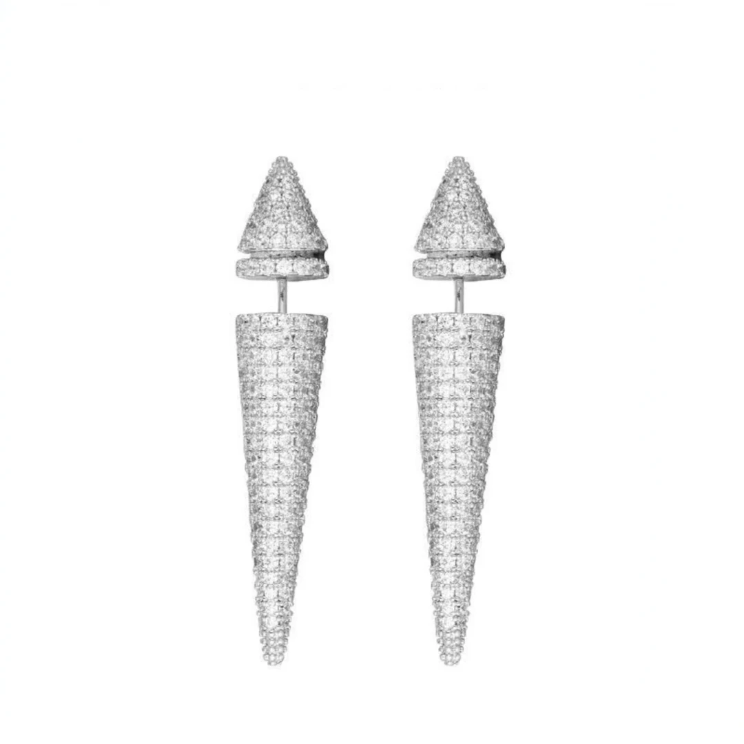 铜合金耳饰 银色锆石尖锥形重工耳钉小众欧美风潮牌嘻哈潮流耳环