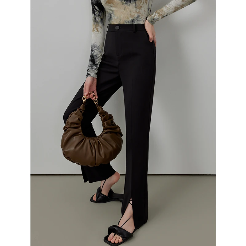CIRCLOFY瑟夕 黑色开叉西装裤女垂感直筒裤CHRA321014
