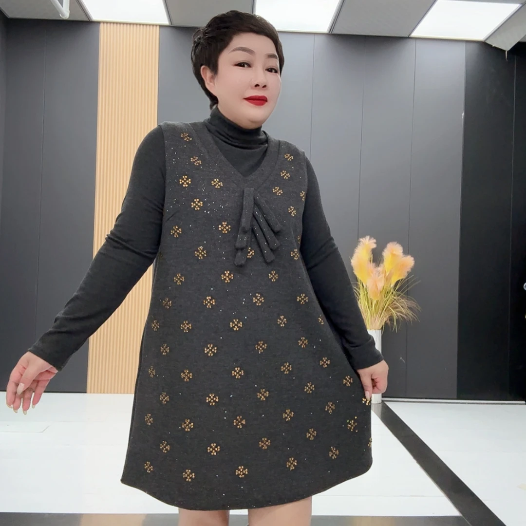 2542*冬季新款推荐气质减龄坎袖连衣裙+半高领打底衫两件套套装