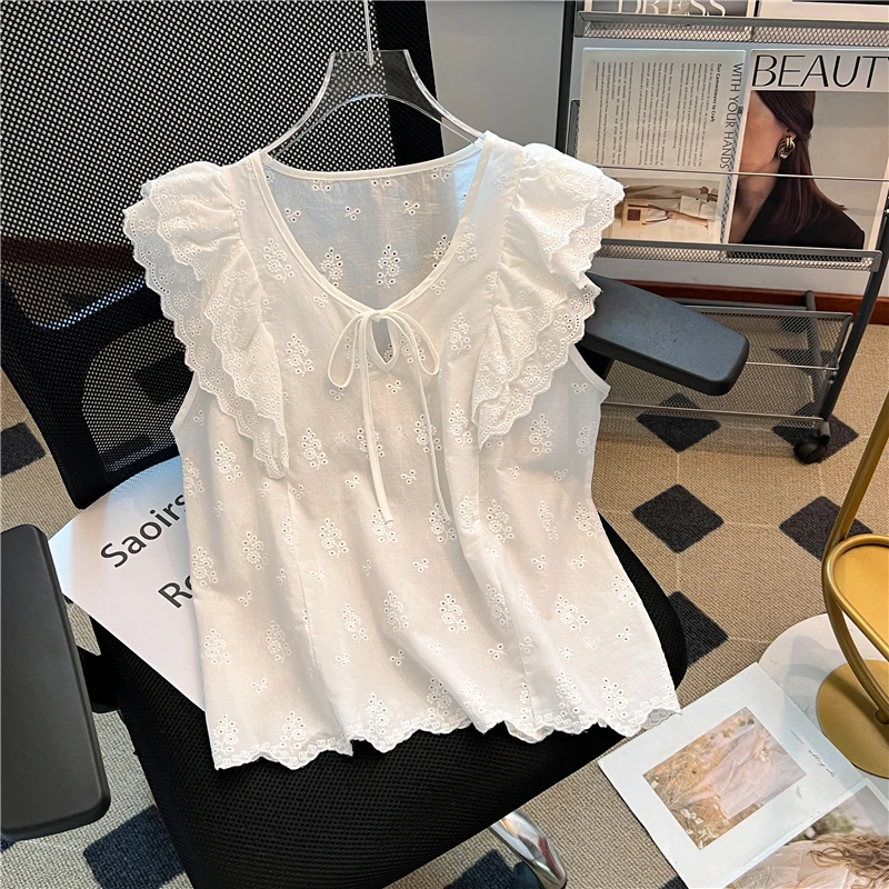 2025夏季时尚高级感小个子飞飞袖荷叶边衬衫通勤娃娃领甜美上衣女