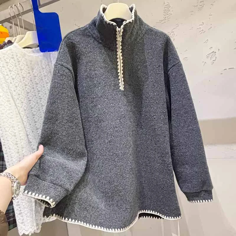 秋冬季拼色花边中长款半拉链立领卫衣女新款打底大码宽松保暖上衣
