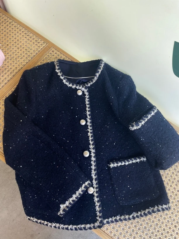 鱼美人小香风重工亮片气质蓝色外套