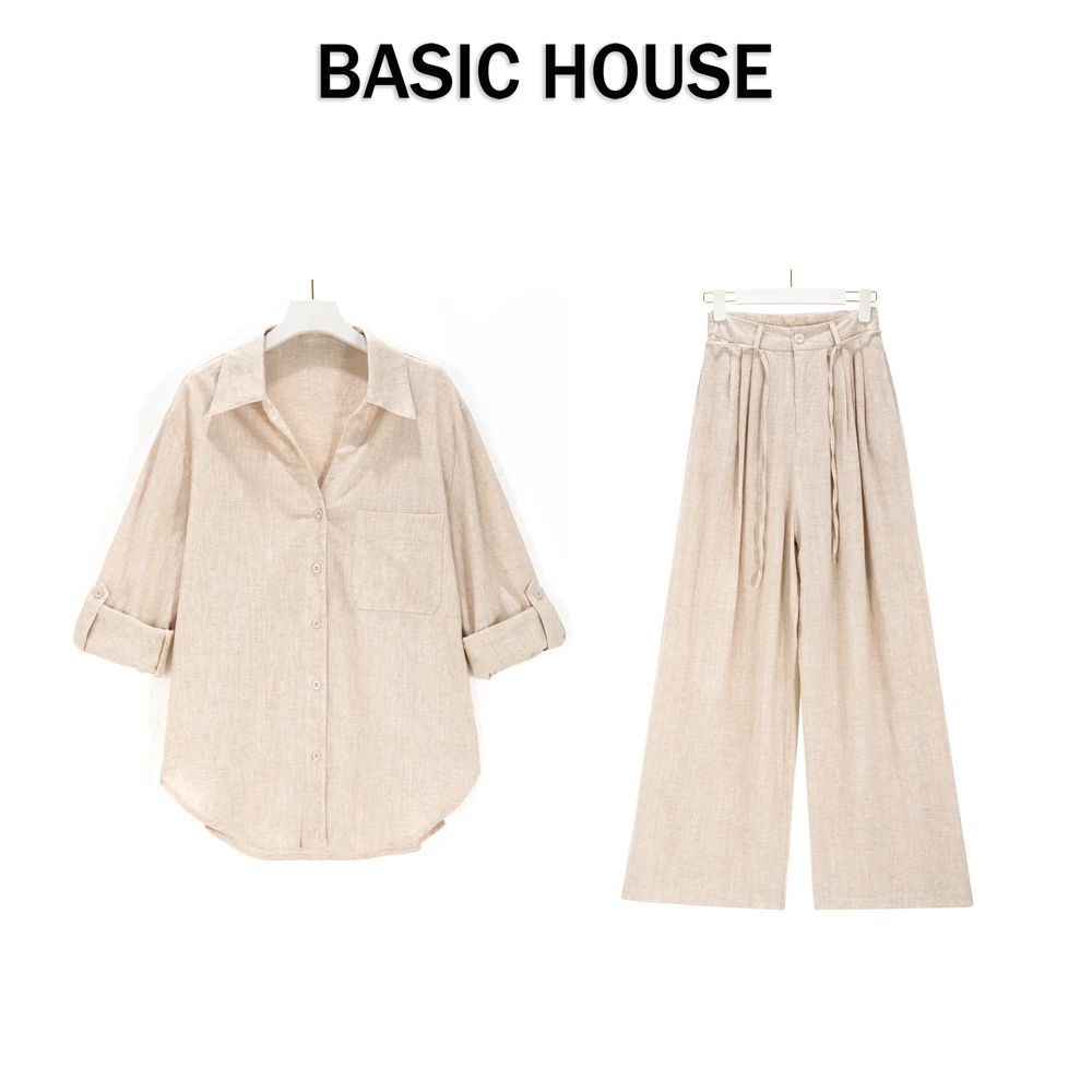 Basic House/百家好CSM休闲通勤高级感宽松衬衣高腰系带裤子套装