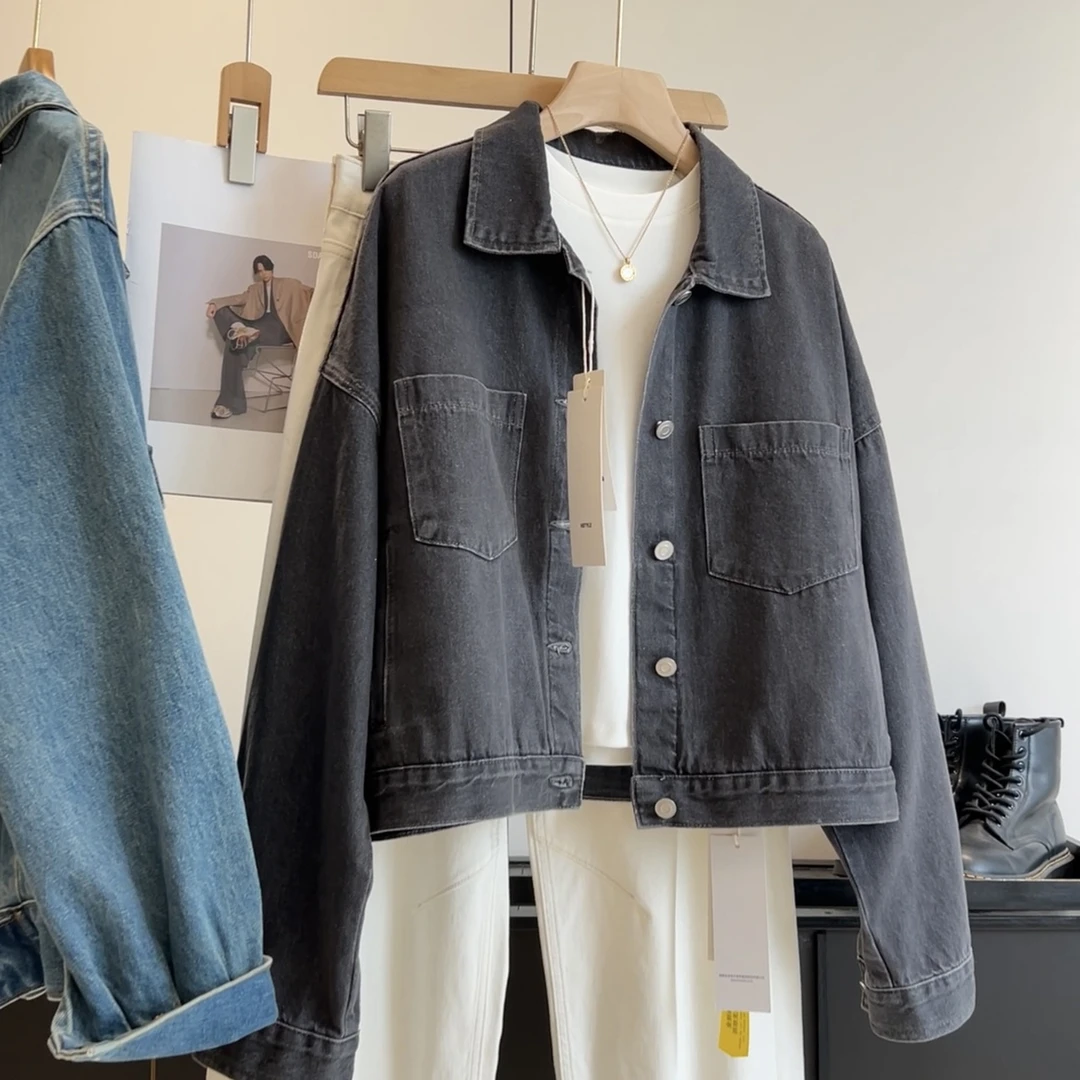 时尚复古！宽松舒适 简约翻领双口袋牛仔外套通勤百搭上衣