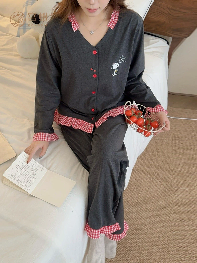 可爱少女红格边卡通睡衣女款春秋季新款减龄休闲宽松家居服套装