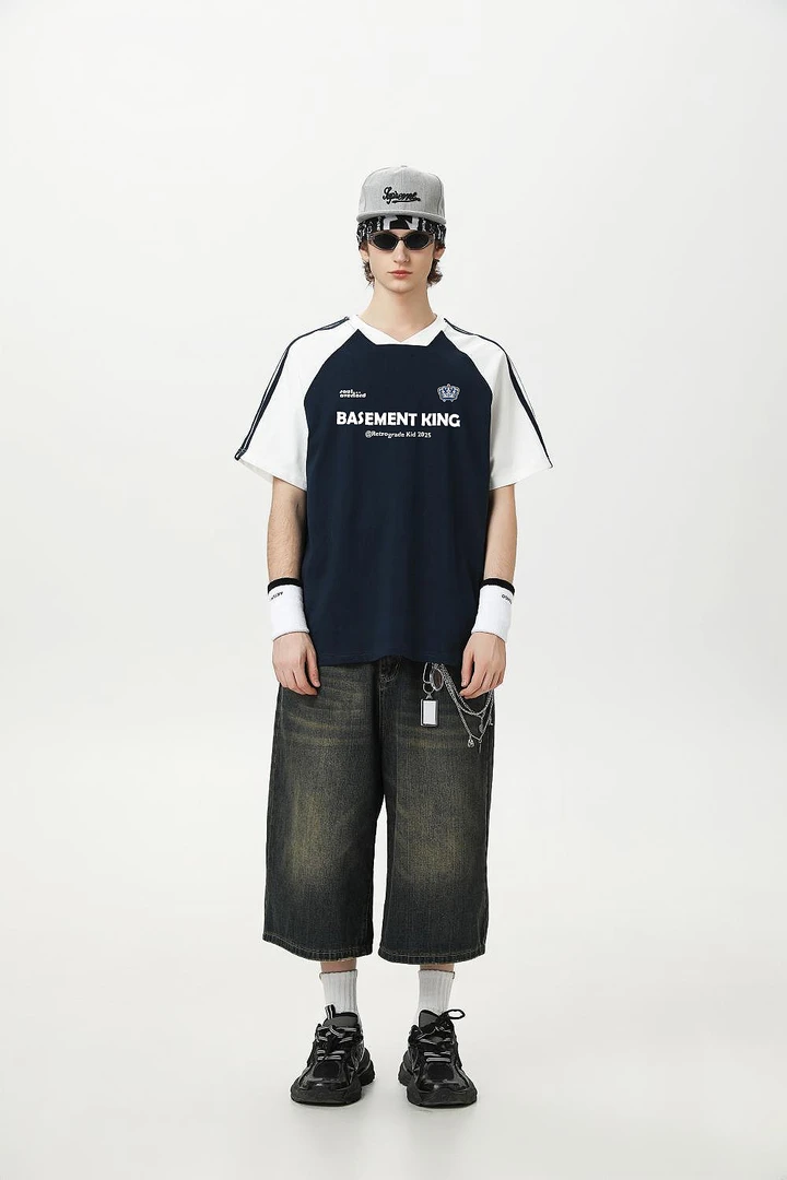 新款潮流重磅260克拼色条纹V领夏季宽松短袖T恤男女款