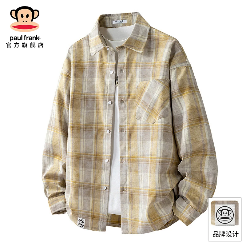 PaulFrank/大嘴猴复古格子长袖衬衫男士秋冬新款宽松休闲衬衣外套