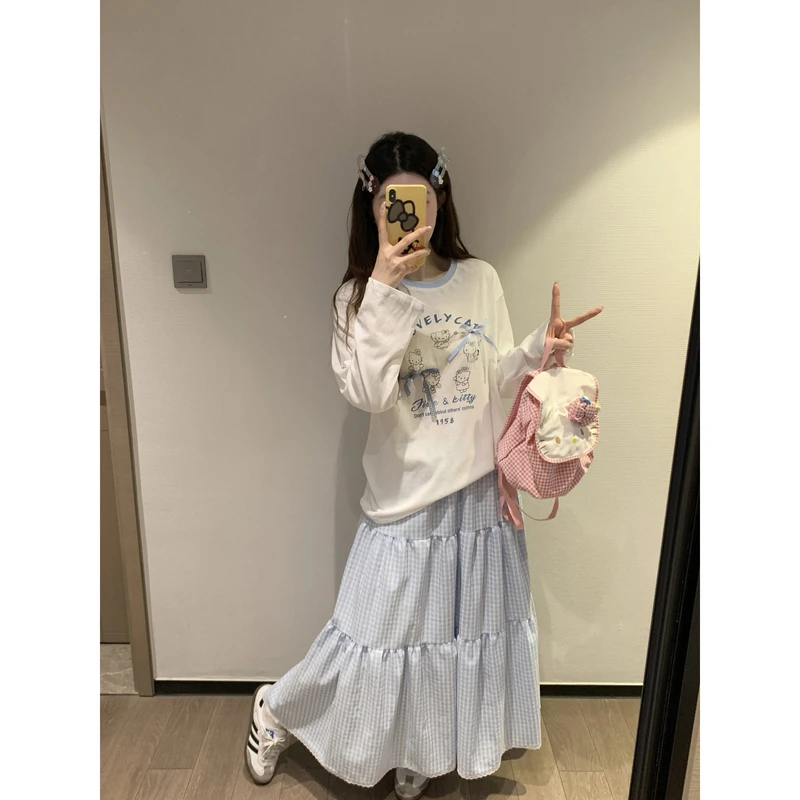 小沈美眉 蓝色kt 卡通印花蝴蝶结长袖T恤夏宽松防晒罩衫上衣女