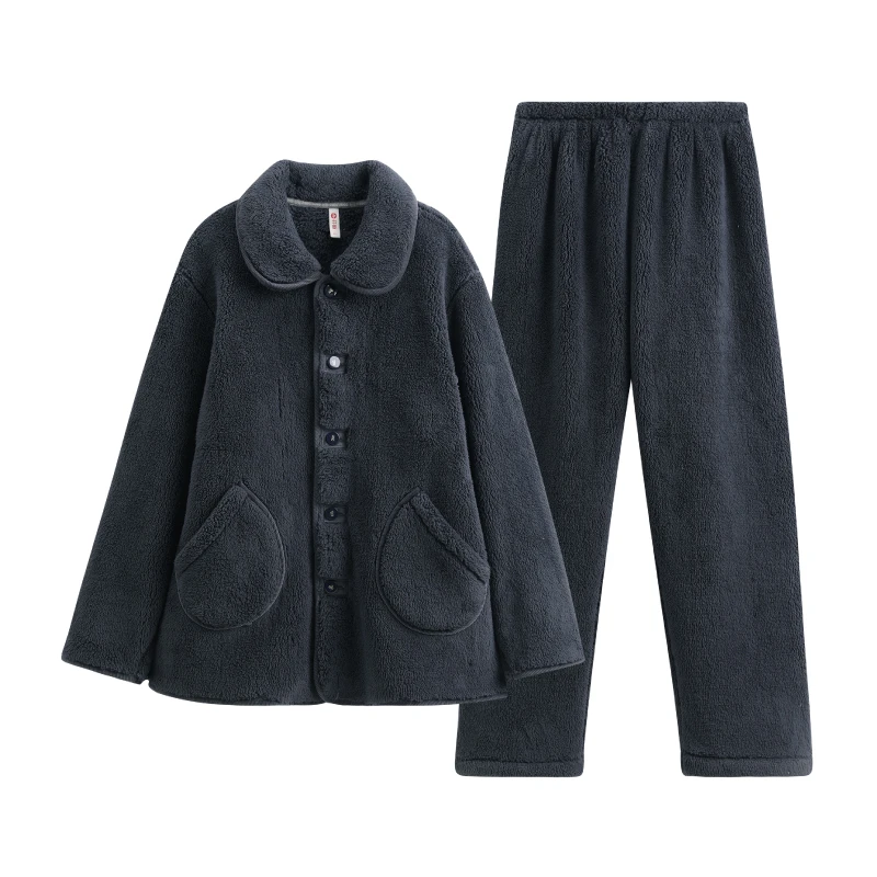 芬腾法兰绒睡衣男秋冬季翻领开衫珊瑚绒大码加绒加厚保暖套装冬款