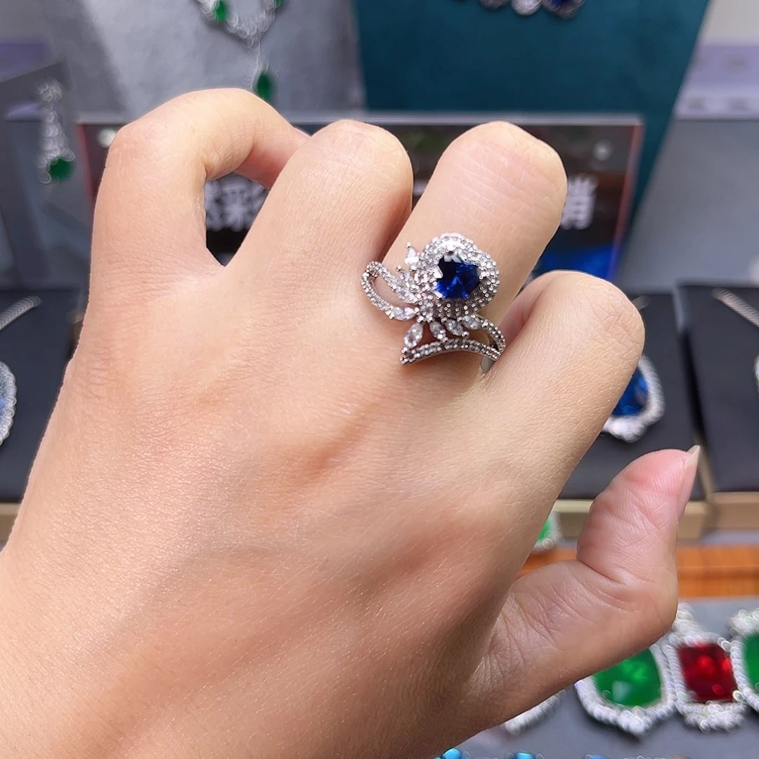 蓝宝石戒指银S925镶嵌t 179