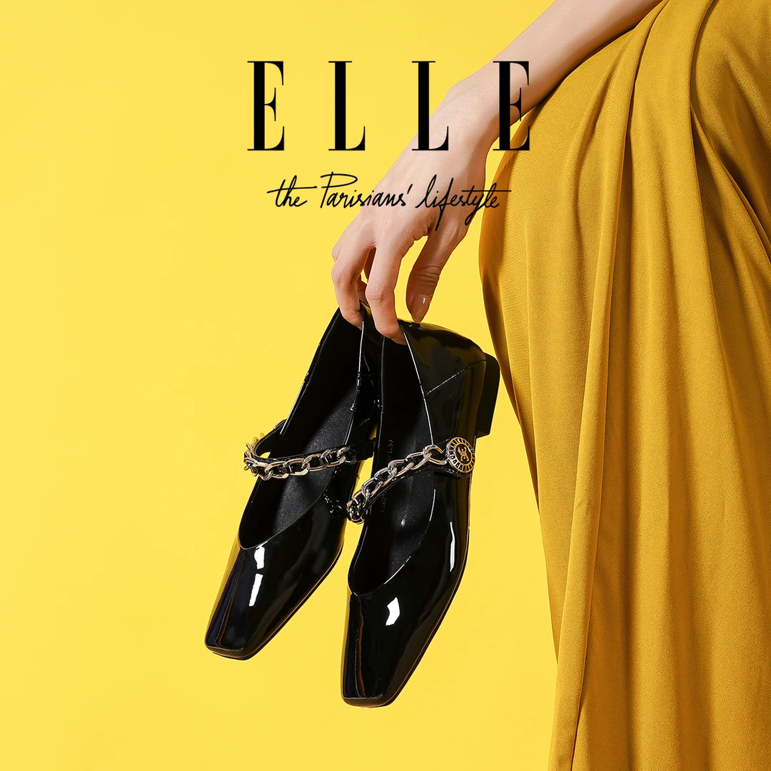 ELLE法式复古芭蕾软皮玛丽珍鞋女真皮方头浅口通勤粗低跟平底单鞋