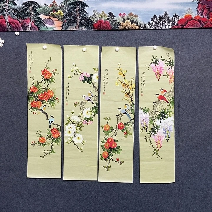 国画四条屏花鸟一套
