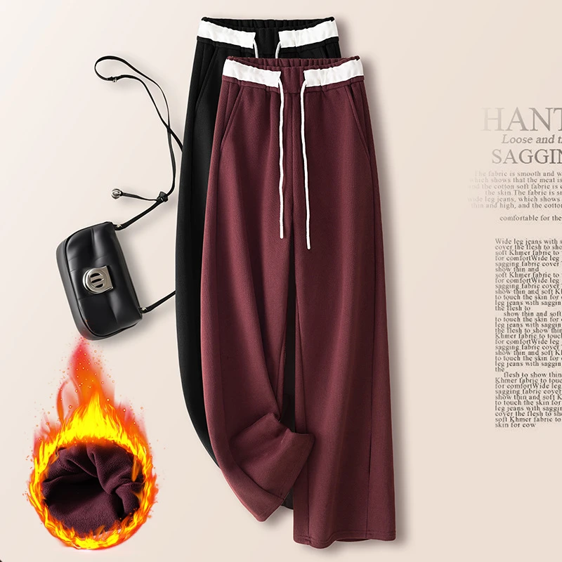 安可拉红加绒运动卫裤女2024冬新款高腰显瘦修身窄版阔腿裤休闲直