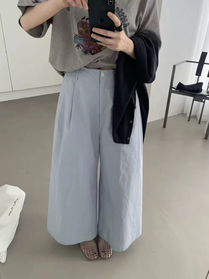 about moon正品夏季新款韩代百搭显瘦后松紧腰九分直筒休闲阔腿裤