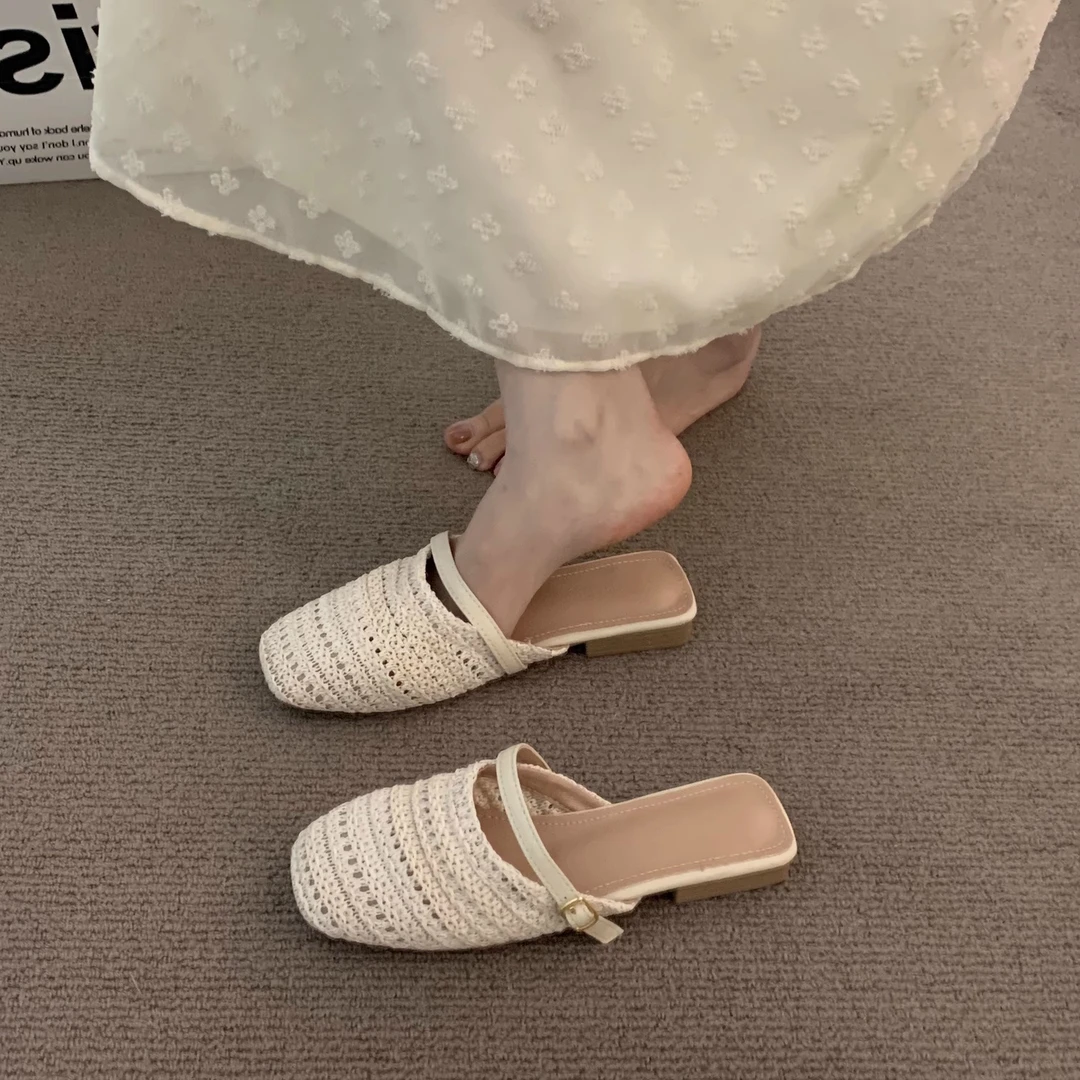 晚晚风平底小众波西米亚编织勃肯半拖鞋女外穿户外防滑包头凉拖鞋