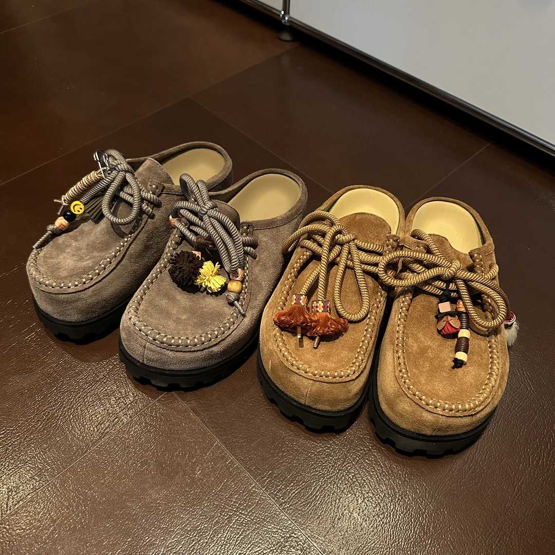 YOENMOM·意大利进口反绒牛皮串珠流苏系带松糕厚底增高半拖