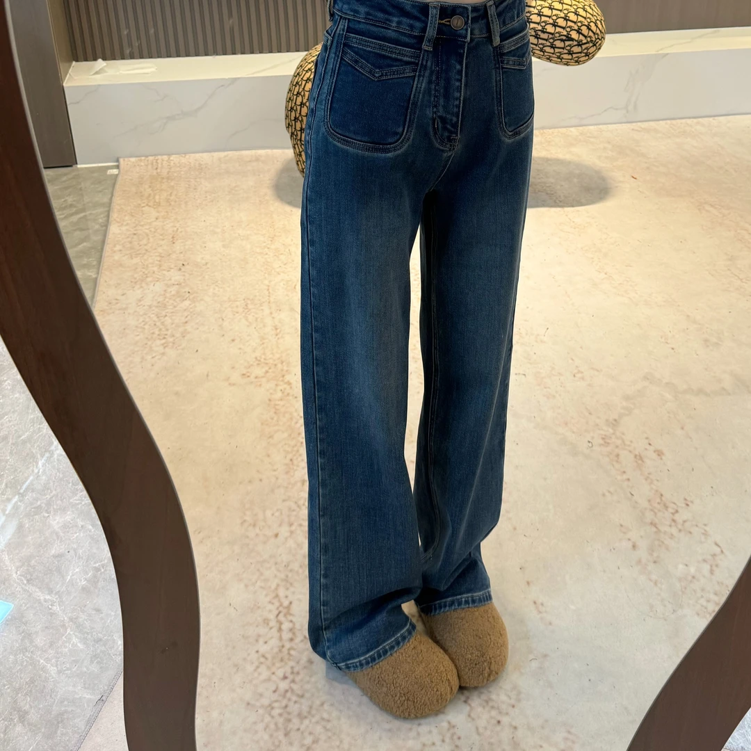 宿慕SUMU 设计感显瘦植绒保暖阔腿牛仔裤10-11新款百搭长裤32998