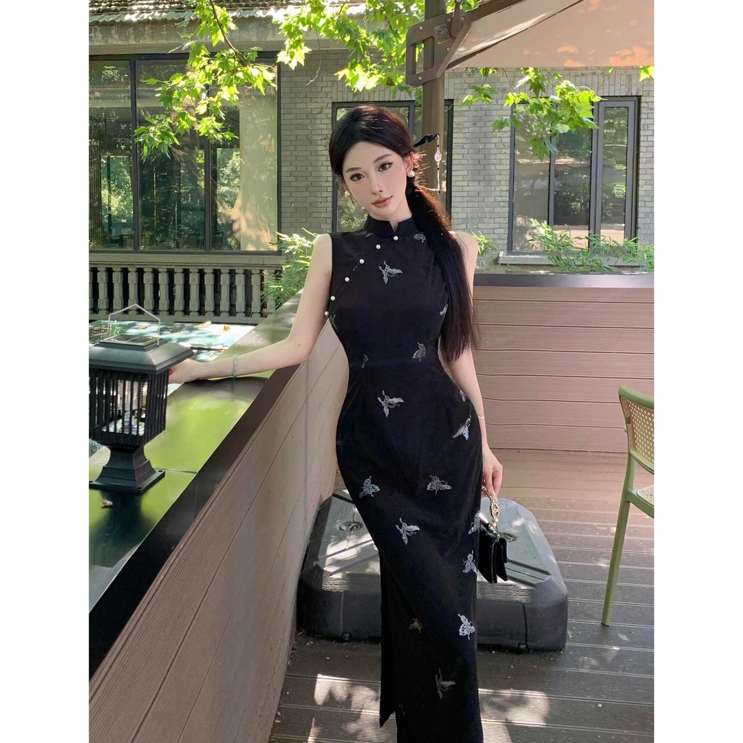 新中式蝴蝶黑色旗袍连衣裙女2025年夏季国风无袖显瘦修身日常长裙