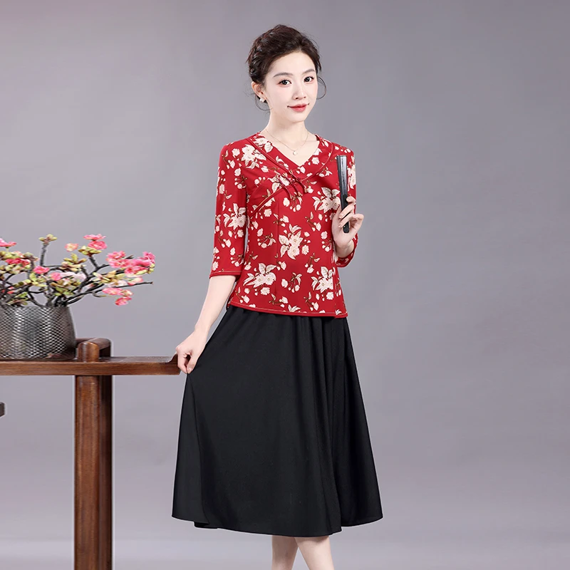 中老年女装两件套夏季新款改良旗袍上衣中国风妈妈装复古盘扣套装