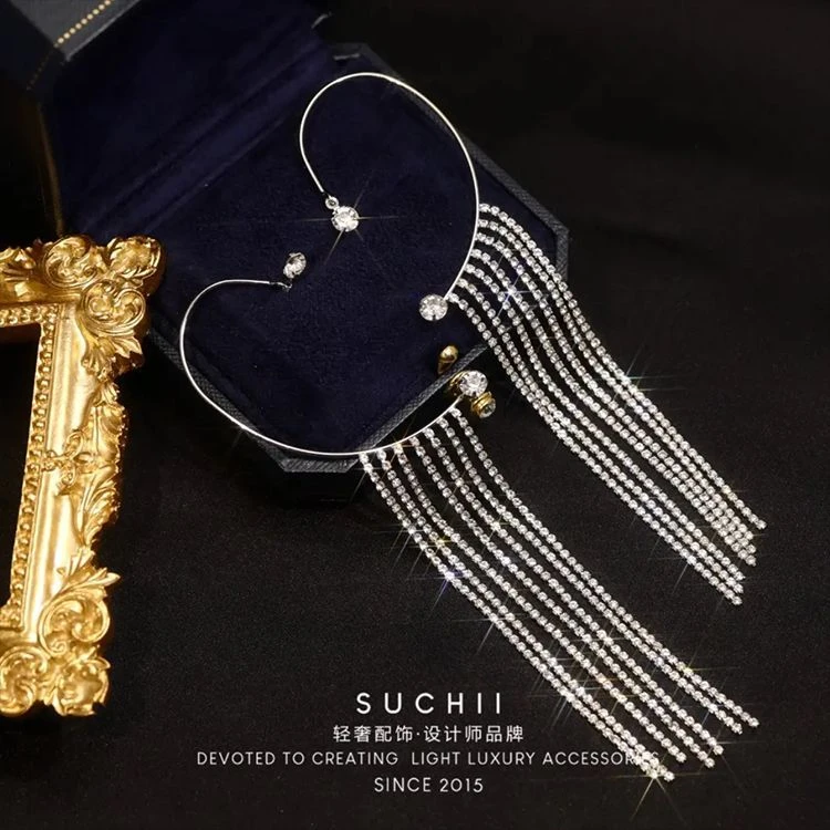 铜合金亚克力耳饰 几何型镶钻长款流苏耳挂设计感个性气质小众