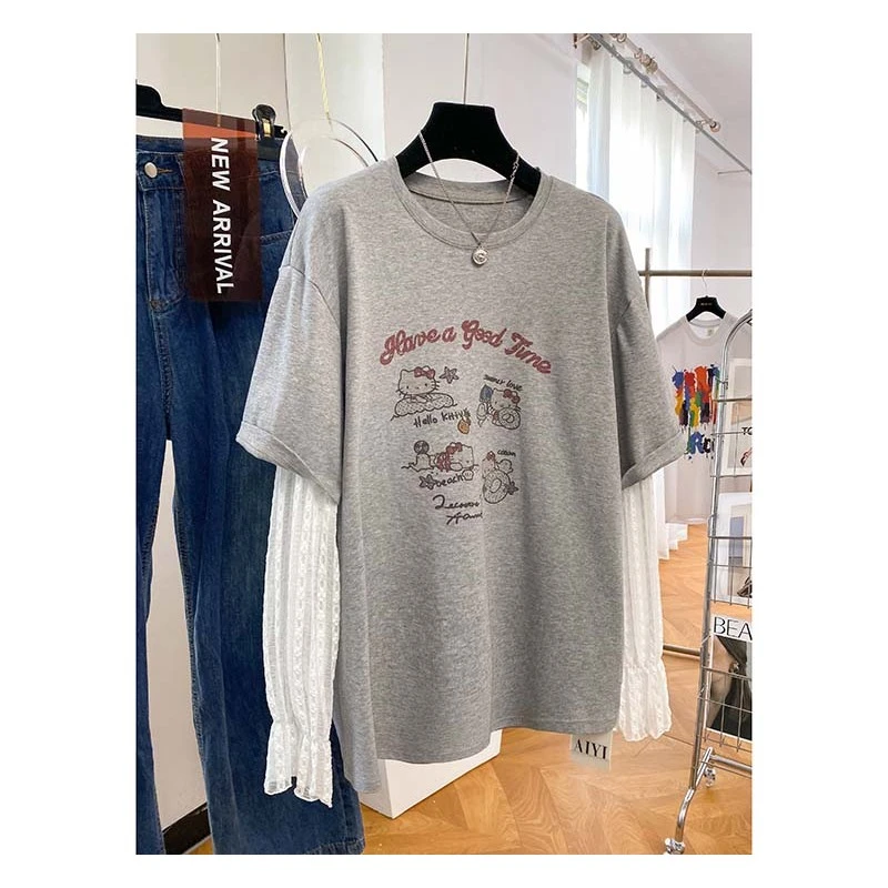 大码胖mm高级感假两件长袖t恤女2025新款韩系慵懒风纯棉半袖