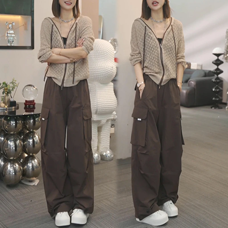 美式复古潮流套装女2025春秋新款连帽针织衫外套工装阔腿裤两件套