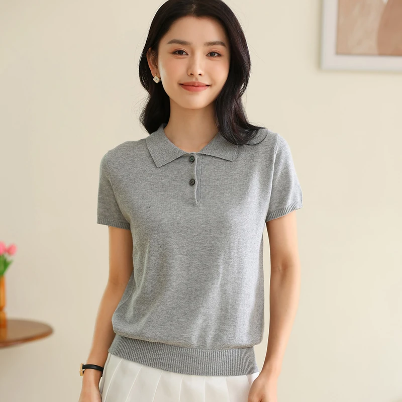 100%纯棉线翻领短袖透气不起球POLO领春夏薄款体恤衫宽松显瘦大码