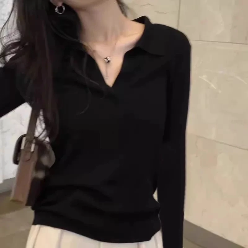黑色polo领打底衫女秋冬内搭2025新款修身显瘦长袖t恤上衣设计感